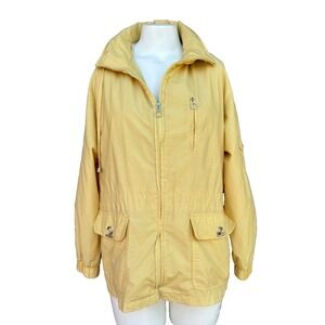 Talbots Raincoat Jacket L Yellow Hooded Full Zip Lined Lightweight Preppy Chic